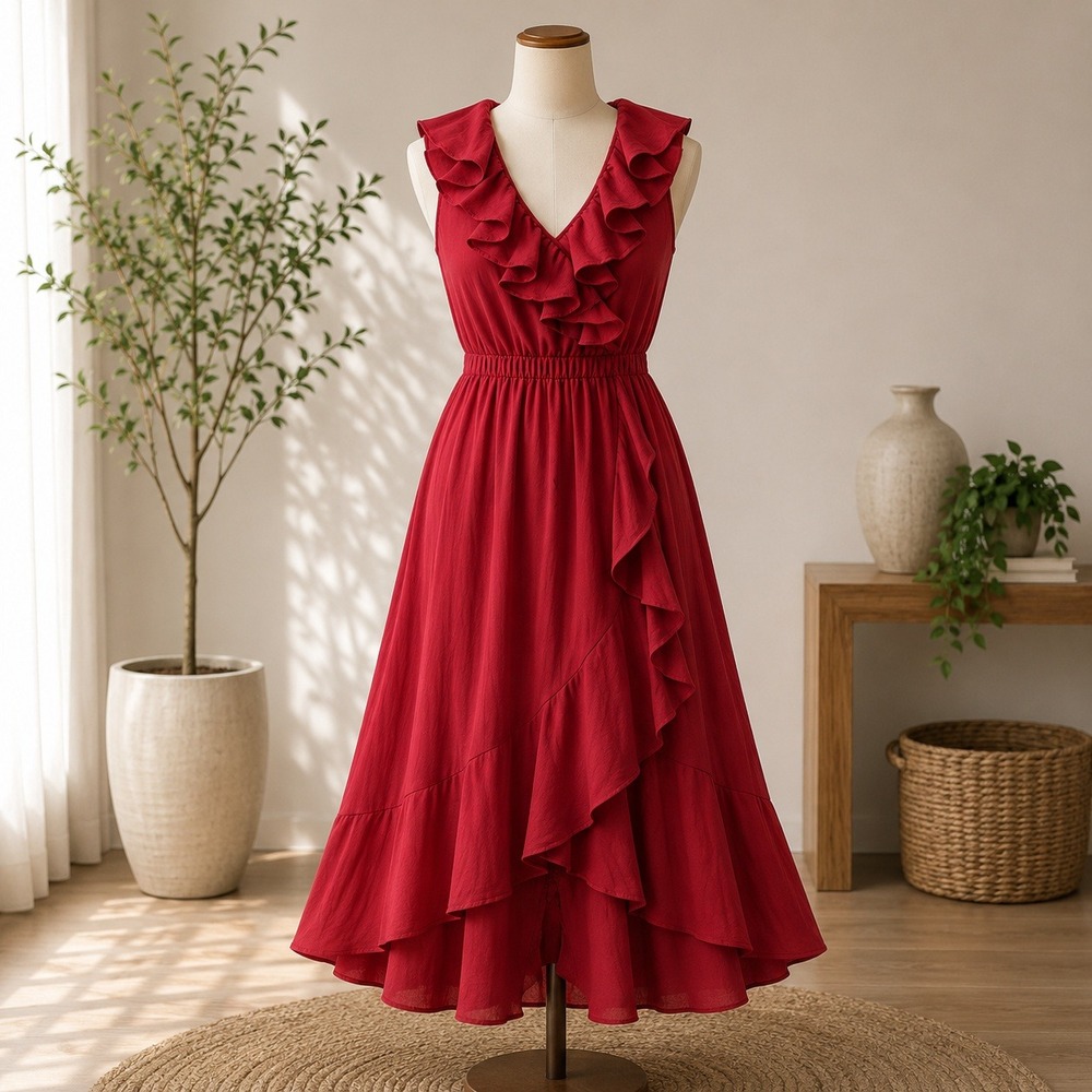 NWT Cupshe Maxi Dress Womens Medium Red Ruffle High Low V-Neck Sleeveless Wrap